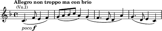 \relative c' {
\key f \major
\tempo "Allegro non troppo ma con brio"
\time 4/4
c4.(-\markup{\italic "poco" \dynamic "f"}^\markup{\center-align \smaller (Vn.I)} f8 e4 f) | g8( a bes c a4) g( | f4. e8 d4 a') | g4.( d8 e4 c) |
}