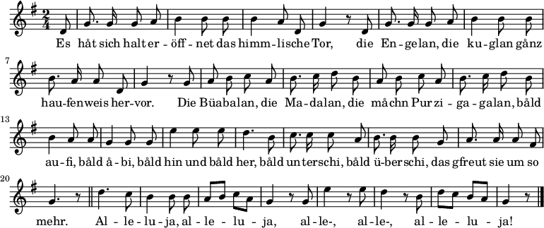 \relative g'
{ \key g \major \time 2/4 \partial 8 \autoBeamOff
d8 | g8. g16 g8 a | b4 b8 b | b4 a8 d, | g4 r8
d8 | g8. g16 g8 a | b4 b8 b | b8. a16 a8 d, | g4 r8
g | a b c a | b8. c16 d8 b | a b c a | b8. c16 d8 b |
b4 a8 a | g4 g8 g | e'4 e8 e | d4. b8 | c8. c16 c8 a | b8. b16 b8 g | a8. a16 a8 fis | g4. r8 \bar "||"
d'4. c8 | b4 b8 b | a[ b] c[ a] | g4 r8 g | e'4 r8 e8 | d4 r8 b | d[ c] b[ a] | g4 r8 \bar "|." }
\addlyrics {
Es håt sich halt er -- öff -- net das himm -- li -- sche Tor,
die En -- ge -- lan, die ku -- glan gånz hau -- fen -- weis her -- vor.
Die Büa -- ba -- lan, die Ma -- da -- lan, die må -- chn Pur -- zi -- ga -- ga -- lan,
båld au -- fi, båld å -- bi, båld hin und båld her,
båld un -- ter -- schi, båld ü -- ber -- schi, das gfreut sie um so mehr.
Al -- le -- lu -- ja, al -- le -- lu -- ja, al -- le-, al -- le-, al -- le -- lu -- ja!
}