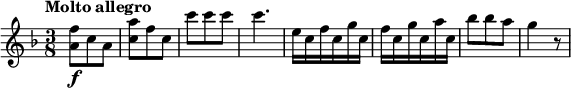 
\relative c'' {
  \version "2.18.2"
  \tempo "Molto allegro"
  \key f \major
  \time 3/8
   \tempo 4 = 120
  < a f'>8\f c a
  < c a'>8 f c
  c' c c c4.
  e,16 c f c g' c,
  f c g' c, a' c,
  bes'8 bes a
  g4 r8
}
