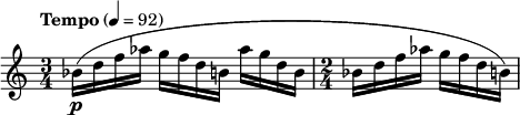  \relative c'' { \clef treble \time 3/4 \tempo "Tempo" 4 = 92 bes16\p( d f aes g f d b aes' g d b | \time 2/4 bes d f aes g f d b) } 