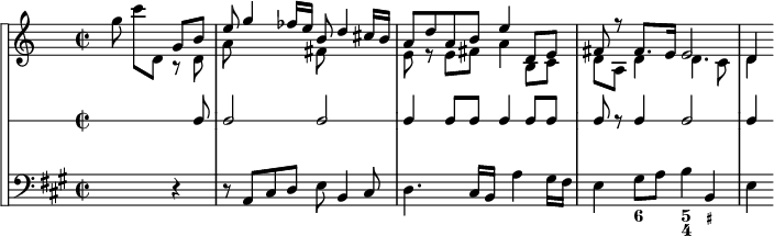 
\version "2.18.2"
\header {
  tagline = ##f
}

\score {

 \new StaffGroup <<
\set StaffGroup.systemStartDelimiter = #'SystemStartSquare
    \new Staff {
      \relative c'' {
      % \key c \major
      \time 2/2
      \tempo 2 = 62
      \autoBeamOff
      \clef treble
      \set Score.currentBarNumber = #15
      \override Rest #'style = #'classical
    \set Staff.keySignature = #`(((0 . 10) . ,FLAT)
                                ((0 . 3) . ,SHARP)
                                ((0 . 7) . ,SHARP))

   % Violon
   \partial 2. s8 g'8 c[ d,,]  
   << { g8 b } \\ { r8 d, } >>
   << { e'8 g4 fes16 e b8 d4 cis16 b } \\ { a8 s4 s8 fis8 } >>
   << { a8 d a b e4 d,8 e } \\ { e8 r8 e8 fis a4 b,8 c } >>
   << { fis8 r8 fis8. e16 e2 } \\ { d8 a d4 d4. c8 } >>
   << { d4 } \\ { d4 } >>
    }
}

    % Rythme
    \new RhythmicStaff  {
        s2 s8 c8 c2 c2 c4 c8 c8 c4 c8 c c r8 c4 c2 c4
      }

    % Continuo
    \new Staff {
  <<
      \key a \major

    \new Voice { \clef bass s2 r4 r8 a,8 cis d e b,4 cis8 | d4. cis16 b, s8 a4 gis16 fis | e4 gis8 a b4 b, | e }
    \new FiguredBass {
      \figuremode {
      s1 s1 s2 s2 < 6 >4 < 5 4 >4 < _+ >4
      }
    }
  >>
    }
 >>
  \layout {
    \context {
      \Score
      \remove "Metronome_mark_engraver"
    }
  }
  \midi {}
}
