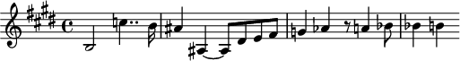 
\header {
  tagline = ##f
}

\score {
  \new Staff \with {

  }
<<
  \relative c'' {
    \clef treble
    \key e \major
    \time 4/4
    \tempo 4 = 70
    \override TupletBracket #'bracket-visibility = ##f 
    %\autoBeamOff
    \set Staff.midiInstrument = #"string ensemble 1"

     %%%%%%%%%%%%%%%%%%%%%%%%%% AB 9-3 th1
     b,2 c'!4.. b16 ais4 ais,!4~ ais8 dis e fis g!4 aes r8 a!4 bes8 bes4 b!
  }
>>
  \layout {
    \context { \Score \remove "Metronome_mark_engraver"
    }
  }
  \midi {}
}
