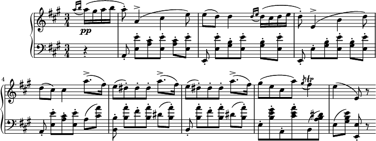 
\version "2.14.2"
\header {
  tagline = ##f
}
upper = \relative c'' {
  \clef treble
  \key a \major
  \time 3/4
  \tempo 4 = 102
    \set Staff.midiInstrument = #"violin"

  \partial 4
 \acciaccatura { a'16[ b] }
  a16\pp( gis a b
  a8-.) a,4^>( cis e8)
  e8( d) d4 \acciaccatura { d16[ e] }  d16( cis d e
  d8-.) e,4^>( b' d8)
  d8( cis) cis4
  \repeat unfold 2 { a'8.->( fis16) e8[( dis-.) dis-. dis-.] } a'8.->( fis16)
  gis8( e cis a') \acciaccatura gis8( fis4)\trill % \startTrillSpan { \afterGrace e16[ fis]\stopTrillSpan }
  e4( e,8) r8

}

lower = \relative c {
  \clef bass
  \key a \major
  \time 3/4
    \set Staff.midiInstrument = #"pizzicato strings"
    
   \acciaccatura s8
   \partial 4
   r4
   a8-. < e'' e, >8-.[ \repeat unfold 2 { < cis a >8-. < e e, >8-.] }
   e,,8-. < e'' e, >8-.[ \repeat unfold 2 { < b gis >8-. < e e, >8-.] }
   e,,8-. e'8-.[ \repeat unfold 2 { < b' gis >8-. < e e, >8-.] }
   a,,8-. < e'' e, >8-.[ < cis a >8-. < e e, >8-.] a,( < a' cis, >8)
   < b, b, >8-. < a' b, >8-.[ fis-. < a b, >8-.] dis,( < a' b, >8-.)
   b,,8-. < a'' b, >8-.[ fis-. < a b, >8-.] dis,( < a' b, >8-.)
   e,8-. < gis' e b >8-. a,,8-. < a'' e cis >8-. b,,( < dis' b a >8)
   e,8[( < e' b gis >8)] < e, e, >8-. r8 \bar ":|"

}

\score {
  \new PianoStaff <<
    \set PianoStaff.instrumentName = #"Cordes"
    \new Staff = "upper" \upper
    \new Staff = "lower" \lower
  >>
  \layout {
    \context {
      \Score
      \remove "Metronome_mark_engraver"
    }
  }
  \midi { }
}
