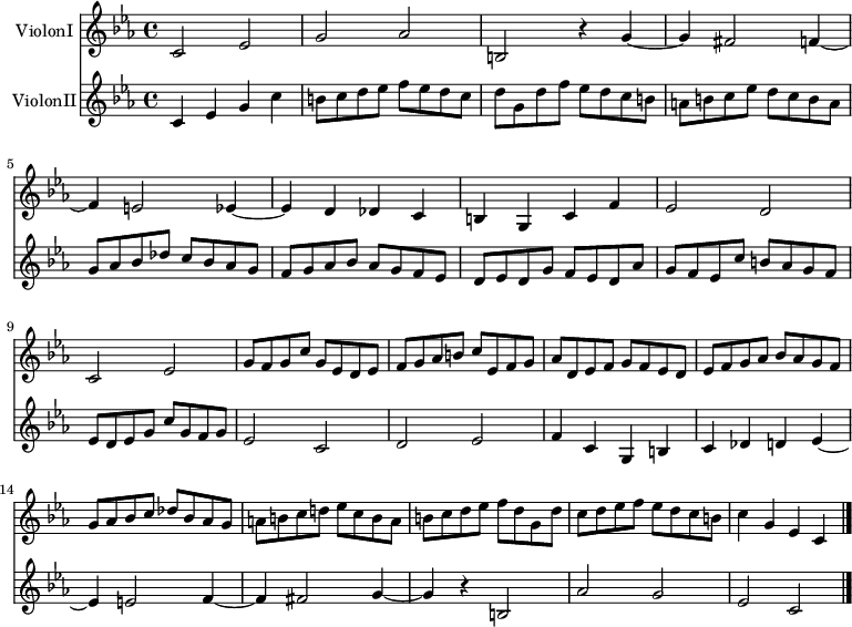 
\header {
  tagline = ##f
\version "2.16.2"
}

global = {
  \key c \minor
  \time 4/4
  \tempo ""
}

ViolonI = \relative c' {
  \global
  \dynamicUp
  
  c2 ees g aes b,! r4 g'4~ g fis2 f!4~ f e!2 ees4~ ees d des c b! g c f ees2 d c ees 
  g8 f g c g ees d ees | f g aes b! c ees, f g | aes d, ees f g f ees d | ees f g aes bes aes g f 
  g8 aes bes c des bes aes g | a! b! c d! ees c b a | b! c d ees f d g, d' | c d ees f ees d c b! | c4 g ees c  \bar "|."
   
}

ViolonII = \relative c' {
  \global

  c4 ees g c b!8 c d ees f ees d c d g, d' f ees d c b! a! b c ees d c b a g aes bes des c bes aes g 
  f8 g aes bes aes g f ees | d ees d g f ees d aes' | g f ees c' b! aes g f | ees d ees g c g f g |
  ees2 c d ees f4 c g b! c des d!  ees~ ees e!2 f4~ f fis2  g4~ g  r4 b,!2 aes' g  ees c 

}

ViolonIPart = \new Staff \with {
  instrumentName = "ViolonI"
  midiInstrument = "violin"
} { \ViolonI }

ViolonIIPart = \new Staff \with {
  instrumentName = "ViolonII"
  midiInstrument = "violin"
} \ViolonII

\score {
  <<
    \ViolonIPart
    \ViolonIIPart
  >>
  \layout { }
  \midi {
    \tempo 4=110
  }
}
