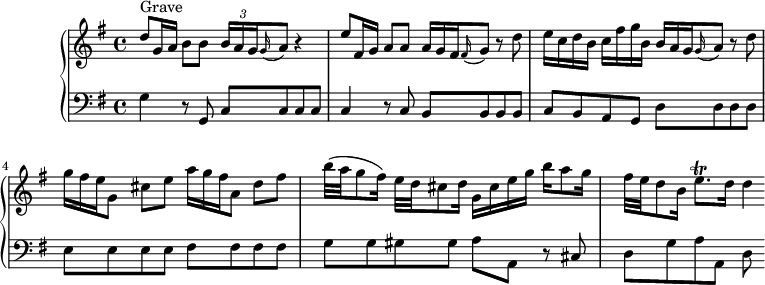 
\version "2.18.2"
\header {
  tagline = ##f
  % composer = "Domenico Scarlatti"
  % opus = "K. 91"
  % meter = "Grave – Allegro"
}

%% les petites notes
trillEqp     = { \tag #'print { e8.\trill } \tag #'midi { \times 2/3 { fis32 e fis } e8 } }

upper = \relative c'' {
  \clef treble 
  \key g \major
  \time 4/4
  \tempo 4 = 52
  \set Staff.midiInstrument = #"oboe"

      s8*0^\markup{Grave}
      d8-\tweak stencil ##f \f g,16 a b8 b \times 2/3 { b16 a g } \appoggiatura g16 a8 r4 |
      e'8 fis,16 g a8 a  \omit TupletNumber  \times 2/3 { a16 g fis } \appoggiatura fis16 g8 r8 d'8 |
      e16 c d b c fis g b,  \times 2/3 { b16 a g } \appoggiatura g16 a8 r8 d8 |
      % ms. 5
      \times 2/3 { g16 fis e } g,8 cis e \times 2/3 { a16 g fis } a,8 d fis | b32( a g8 fis16) e32 d cis8 d16 g, cis e g b a8 g16 |
      fis32 e d8 b16 \trillEqp d16 d4*1/2

}

lower = \relative c' {
  \clef bass
  \key g \major
  \time 4/4
  \set Staff.midiInstrument = #"harpsichord"

    % ************************************** \appoggiatura a16  \repeat unfold 2 {  } \times 2/3 { }   \omit TupletNumber 
      g4-\tweak stencil ##f \p r8 g,8 | c c c c | c4 r8 c8 b b b b | c b a g d' d d d |
      % ms. 5
      e8 e e e fis fis fis fis | g g gis gis a a, r8 cis8 | d g a a, d

}

thePianoStaff = \new PianoStaff <<
    \set PianoStaff.instrumentName = #""
    \new Staff = "upper" \upper
    \new Staff = "lower" \lower
  >>

\score {
  \keepWithTag #'print \thePianoStaff
  \layout {
      #(layout-set-staff-size 17)
    \context {
      \Score
     \override TupletBracket.bracket-visibility = ##f
     \override SpacingSpanner.common-shortest-duration = #(ly:make-moment 1/2)
      \remove "Metronome_mark_engraver"
    }
  }
}

\score {
  \keepWithTag #'midi \thePianoStaff
  \midi { }
}
