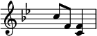 \relative
 { \set Score.tempoHideNote = ##t \tempo 4 = 80 \set Staff.midiInstrument = #"vibraphone"
  \key bes \major
  \time 2/4 \hide Staff.TimeSignature
     c''8 f,8 <c f>4
  }