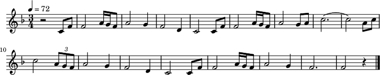 {
\relative f' { \key f \major \tempo 4 = 72 \time 3/4 \set Staff.midiInstrument = #"violin"
r2 c8 f8| f2 a16 g16 f8| a2 g4| f2 d4| c2 c8 f8| f2 a16 g16 f8| a2 g8 a8| c2.( c2)
a8 c8| c2 \tuplet 3/2 { a8 g f }| a2 g4| f2 d4| c2 c8 f8| f2 a16 g16 f8| a2 g4| f2.| f2 r4\bar "|."
}
}