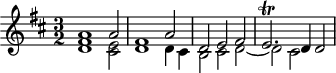 
\version "2.18.2"
\header {
  tagline = ##f
  % composer = "Johann Pachelbel"
  % opus = "Chaconne en ré majeur, P. 40"
  % meter = ""
}

\score {
<<
  \relative c'' {
    %\clef bass
    \key d \major
    \time 3/2
    \override TupletBracket #'bracket-visibility = ##f 

     %s8*0^\markup{Aria}
     << { a1 a2 | fis1 a2 | d, e fis e2.\trill d4 d2  } 
     \\ { < d fis >1 < cis e >2 | d1 d4 cis | b2 cis d~ | d cis  } >>

  }
>>
  \layout {
     #(layout-set-staff-size 17)
     \context { \Score \remove "Metronome_mark_engraver" 
     \override SpacingSpanner.common-shortest-duration = #(ly:make-moment 1/2)
     }
  }
}
