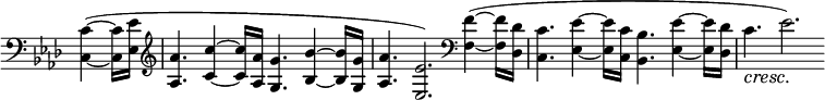 
 \relative c' \new Staff \with { \remove "Time_signature_engraver" } { \key f \minor \time 12/8 \partial 4. \clef bass
  <c~ c,~>4( <c c,>16 <es es,> \clef treble <aes aes,>4. <c~ c,~>4 <c c,>16 <aes aes,> <g g,>4. <bes~ bes,~>4 <bes bes,>16 <g g,> <aes aes,>4. <es es,>2.)
  \clef bass <f~ f,~>4(<f f,>16 <des des,> <c c,>4. <es~ es,~>4 <es es,>16 <c c,> <bes bes,>4. <es~ es,~>4 <es es,>16 <des des,> c4.\cresc es2.\!)
 }
