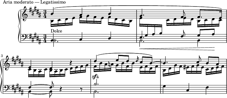 
\version "2.18.2"
\header {
  tagline = ##f
}
upper = \relative c'' {
  \clef treble 
  \key b \major
  \time 3/4
  \tempo 4 = 62
  %\autoBeamOff

   %%Montgeroult — Étude 106 (pdf p. 163)
   << { b4( ais b gis4. fis8 fis8. e16) } \\ { b16 cis dis e fis  gis fis e fis dis cis b e \stemUp \change Staff = "lower" gis, ais b \stemDown \change Staff = "upper" cis dis e dis b cis dis cis } >>

   << { e4 dis b'4\rest dis4( e8[ dis] \slashedGrace dis8 cis b~) b4. cis8 b[ ais] } \\ { cis,16 b ais cis  b ais b cis dis e fis gis fis b ais a! gis b fis b e, fis dis fis | b, dis gis fis eis fis gis eis cis dis eis fis } >>

}

lower = \relative c {
  \clef bass
  \key b \major
  \time 3/4

   << { b4^\markup{Dolce} cis dis e4._\< fis8 gis[ ais]\! } \\ { b,2. b }  \\ { s2. s2 \stemDown b4 } >>
   << { fis'4~ fis8 d4\rest d8\rest b'2.^\sfz } \\ { b,4~ b8 s4 s8 b2. } >>
   gis'4 cis, fis
}

  \header {
    piece = "Aria moderato — Legatissimo"
  }

\score {
  \new PianoStaff <<
    \new Staff = "upper" \upper
    \new Staff = "lower" \lower
  >>
  \layout {
    \context {
      \Score
      \remove "Metronome_mark_engraver"
    }
  }
  \midi { }
}
