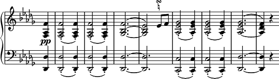 
 \relative c' {
  \new PianoStaff <<
   \new Staff \with { \remove "Time_signature_engraver" } { \key des \major \time 3/4 \partial 4
    <f aes, f> <f aes, f>2-.( <f aes, f>4-.) <f aes, f>2-.( <f aes, f>4-.)
    <f bes,~ ges~>2.^\( <es bes ges>2 \)
    es8 f^\markup
       \override #'(baseline-skip . 1) {
        \halign #2
        \teeny \center-column {
         \musicglyph #"scripts.turn"
         \natural
        }
       }
    <ges es aes,>2-.( <ges es aes,>4-.) <ges es aes,>2-.( <ges es aes,>4-.)
    <ges es aes,~>2.^\( <f des aes>4 \) r
   }
   \new Dynamics {
    s4\pp
   }
   \new Staff \with { \remove "Time_signature_engraver" } { \key des \major \time 3/4 \clef bass \partial 4
    <des, des,>4 <des des,>2-.( <des des,>4-.) <des des,>2-.( <des des,>4-.)
    <des~ des,~>2. <des des,>
    <c c,>2-.( <c c,>4-.) <c c,>2-.( <c c,>4-.) <des~ des,~>2. <des des,>4 r
   }
  >>
 }
