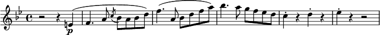 
\relative e' {
  \key bes \major \time 4/4
  r2 r4 e( \p
  f4. a8 \acciaccatura c8 bes a bes d)
  f4.( a,8 bes d f a)
  bes4.( a8 g f es d(
  c4-. r d-. r
  es4-. r r2
} 