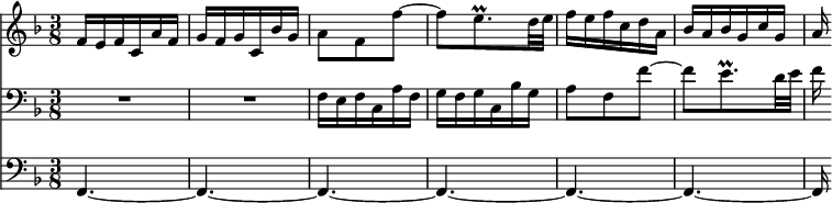  
{ 
<< << 
\new Staff { \clef treble \key f \major \tempo 8=120 \set Staff.midiInstrument = "flute" {
      \set Score.tempoHideNote = ##t
      \override Score.BarNumber  #'transparent = ##t 
      \time 3/8
      \relative c'
      { f16 e f c a' f | g f g c, bes' g | a8 f  f'~ | f  e8.\prall d32 e | f16 e f c d a | bes a bes g c g | a16 }
    }
  }
\new Staff { \clef bass \key f \major \set Staff.midiInstrument = "flute" {
      \relative c
      { R1*3/8 | R1*3/8 | f16 e f c a' f | g f g c, bes' g | a8 f  f'~ | f  e8.\prall d32 e | f16 }
     }
  }
\new Staff { \clef bass \key f \major \set Staff.midiInstrument = "flute" {
      \relative c,
      { f4.~ | f~ | f~ | f~ | f~ | f~ | f16 }
    }
  }
>> >>
}
