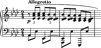 
\new PianoStaff <<
\new Staff = "Up" <<
\new Voice \relative c' {
\clef treble
\key aes \major
\omit Score.MetronomeMark
\tempo 4=50
\time 2/4
\tupletSpan 4
\omit TupletBracket
\override TupletNumber.Y-offset = #-4
\tuplet 3/2 {r8^\markup{\bold Allegretto} \p <ees aes c> (<ees aes c> <ees aes c> <des ees bes'> <des ees bes'>}
\omit TupletNumber
\tuplet 3/2 {<des ees bes'> <des ees aes> <c ees aes> <c ees aes> <c ees> <bes des ees>} \hide r16)
}
>>
\new Staff = "Down" <<
\new Voice \relative c{
\clef bass
\key aes \major
\stemDown
aes8 ees' ees, ees' aes,, ees'' \stemUp ees,, ees'' s16
}
\new Voice \relative c{
aes4 ees^~ees
}
>>
>>
