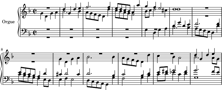 
\version "2.18.2"
\header {
  tagline = ##f
}
upper = \relative c' {
  \clef treble 
  \key f \major
  \time 2/2
  \tempo 2 = 80
  \set Staff.midiInstrument = #"recorder"

   %%% La Spiritata (Canzon)
   
   << { R1 d'4 g, d' e f2. f4 | e8 d c bes a4 a' | g f e2 | d1 R1*6 | d4 g, d' e } \\ { g,4 d g a bes2. bes4 | a8 g f e d4 d' | c8 bes a g f2 | bes8 c d2 cis4 d1 R1*2 g,4 d g a bes2. bes4 | a8 g f e d4 d' c4 bes a2| bes2. a8 g } >>

}

lower = \relative c {
  \clef bass
  \key f \major
  \time 2/2
    \set Staff.midiInstrument = #"recorder"

  
  << { R1*5 d'4 g d e f2. f4 | e8 d c bes a4 d cis d2 cis4 | d2. bes4 | c2 bes4 d | e8 fis g2 fis4 g2. f8 e } \\ { R1*4 g,4 d g a bes2. bes4 | a8 g f e d4 d' | c8 bes a g f4 e8 d | e4 f e2 | d8 c bes a g4 g' | f2 g4 bes | c8 d ees4 c d | g,1 } >>

} 

\score {
  \new PianoStaff <<
    \set PianoStaff.instrumentName = #"Orgue"
    \new Staff = "upper" \upper
    \new Staff = "lower" \lower
  >>
  \layout {
    #(layout-set-staff-size 17)
    \context {
      \Score
      \remove "Metronome_mark_engraver"
      \override SpacingSpanner.common-shortest-duration = #(ly:make-moment 1/2)
    }
  }
  \midi { }
}
