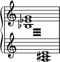  {
\override Score.TimeSignature #'stencil = ##f
    \new PianoStaff <<
         \new Staff = "up" \relative c'' {
            \time 4/4
            s1
          }
        \new Staff = "down" \relative c' {
            \time 4/4
            \voiceOne
            \repeat tremolo 16 {
                  {
                    \change Staff = "up"
                    \voiceTwo
                    <bes es g>32
                  }
                {
                    \change Staff = "down"
                    \voiceOne
                    <a cis e>32
                }
            }
          }
    >>

}
