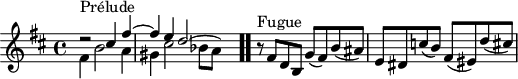 
\version "2.18.2"
\header {
  tagline = ##f
}

\score {
  \new Staff \with {
%fontSize = #-2
  }
<<
  \relative c'' {
    \key b \minor
    \time 4/4

     %% INCIPIT CBT I-24, BWV 869, si mineur 
     << { d2\rest^\markup{Prélude} cis4 fis~ \once \override Staff.TimeSignature #'stencil = ##f \time 9/8 fis e d2~ \hideNotes d8 } \\ { fis,4 b2 a4 gis cis2 bes8[ a] } >> \bar ".."

      \once \override Staff.TimeSignature #'stencil = ##f \time 4/4
      r8^\markup{Fugue} fis8 d b g'( fis) b( ais) | e dis c'( b) fis( eis) d'( cis)
  }
>>
  \layout {
     \context { \Score \remove "Metronome_mark_engraver" 
     \override SpacingSpanner.common-shortest-duration = #(ly:make-moment 1/2)
}
  }
  \midi {}
}
