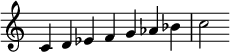  {
\override Score.TimeSignature #'stencil = ##f
\relative c' { 
  \clef treble \time 7/4
  c4^\markup {} d es f g aes bes c2
  }
}