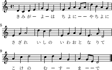 
\header { tagline = ##f }
\score {
  \new Staff \with{ \magnifyStaff #4/5 }{
	\time 4/4 
    \override Score.SpacingSpanner #'common-shortest-duration = #(ly:make-moment 1 4)
    \new Voice {
      \relative c' { 
        d c d e | g e d2 | e4 g a g8 a | d4 b a g |\break
        e g a2 | d4 c d2 | e,4 g a g | e4. g8 d2 |\break
        a'4 c d2 | c4 d a g | a g8 e d2 \bar "|."
      }
      \addlyrics {
        \override Lyrics.LyricText.font-size = #-1
        き み が ー よ ー は ち よ に ー ー や ち よ に
        さ ざ れ い し の い わ お と な り て
        こ け の む ー す ー ま ー ー で
      }
    }
  }
  \layout {indent = 0\mm line-width = 90\mm}
  \midi {\tempo 4 = 60}
}