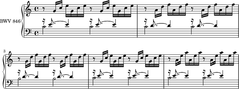 
\version "2.18.2"
\header {
  tagline = ##f
}

upper = \relative c'' {
    \clef treble 
    \key c \major
    \time 4/4
    \tempo 4 = 72 % tempo de Keller
    \set Staff.midiInstrument = #"harpsichord" 

   %% PRÉLUDE CBT I-1, BWV 846, ut majeur
   
   \repeat unfold 2 { b8\rest \repeat unfold 2 { g16 c e } }
   \repeat unfold 2 { b8\rest \repeat unfold 2 { a16 d f } }
   \repeat unfold 2 { b,8\rest \repeat unfold 2 { g16 d' f } }
   \repeat unfold 2 { b,8\rest \repeat unfold 2 { g16 c e } }
   \repeat unfold 2 { b8\rest \repeat unfold 2 { a16 e' a } }

}

lower = \relative c' {
    \clef bass 
    \key c \major
    \time 4/4
    \set Staff.midiInstrument = #"harpsichord" 

    << { \repeat unfold 2 { b'16\rest e,8.~ e4 } \repeat unfold 4 { b'16\rest d,8.~ d4 } \repeat unfold 4 { b'16\rest e,8.~ e4 } } \\ { \repeat unfold 4 { c2 } \repeat unfold 2 { b2 } \repeat unfold 4 { c2 } } >>
} 

\score {
  \new PianoStaff <<
    \set PianoStaff.instrumentName = #"BWV 846"
    \new Staff = "upper" \upper
    \new Staff = "lower" \lower
  >>
  \layout {
    \context {
      \Score
      \remove "Metronome_mark_engraver"
      \override SpacingSpanner.common-shortest-duration = #(ly:make-moment 1/3)
    }
  }
  \midi { }
}
