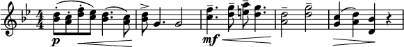 
\relative c'' {  
  \new Staff { \key g \minor  \numericTimeSignature \time 4/4
   [ <d bes>8-\p-.( <c a>-. <f d>-.\< <ees c >) ] <d bes>4.( <c a>8) | <d bes >8->\! g,4. g2 |
   <f' c>4.-- -\mf\< <g d>8-- <a e>8-- <g d>4. |
   <d a >2--\! <g d>2--  | <c, g>4(\> <d a>4) <bes d,>4\! r4 |
   }}
