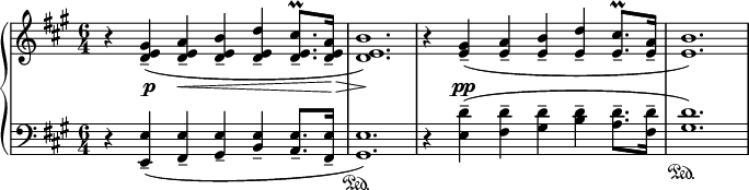 
\relative c'' {
 \new PianoStaff <<
  \new Staff {
   \key a \major \time 6/4 \set Score.tempoHideNote = ##t \tempo "" 4=62
   r4 <gis e d>--( <a e d>-- <b e, d>-- <d e, d>-- <cis e, d>8.--\prall <a e d>16-- <b e, d>1.)
   r4 <gis e>--( <a e>-- <b e,>-- <d e,>-- <cis e,>8.--\prall <a e>16-- <b e,>1.)
  }
  \new Dynamics {
   s4 s\p s\< s s s8. s16\> s4 s\! s1 s4 s\pp
  }
  \new Staff {
   \key a \major \time 6/4 \clef bass
   r4 <e,, e,>--( <e fis,>-- <e gis,>-- <e b>-- <e a,>8.-- <e fis,>16-- <e gis,>1.\sustainOn )
   r4 <d' e,>--( <d fis,>-- <d gis,>-- <d b>-- <d a>8.-- <d fis,>16-- <d gis,>1.\sustainOn )
  }
 >>
}
