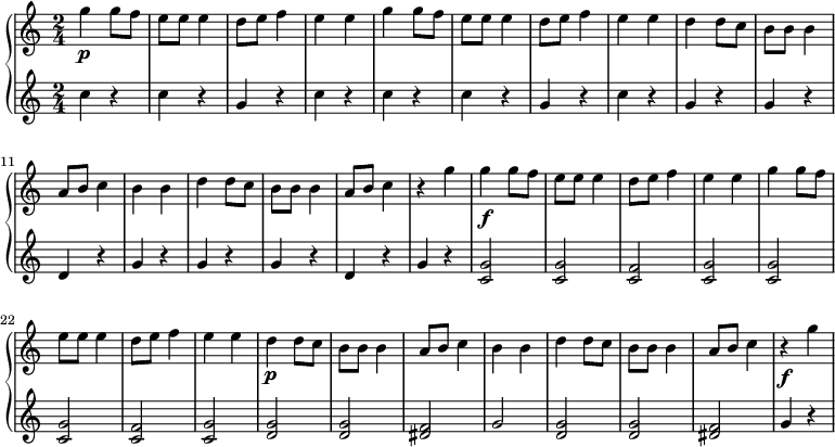 \new PianoStaff <<
  \new Staff \relative { \time 2/4 g''\p g8 f8 | e e e4 | d8 e f4 | e e |
  g g8 f | e e e4 | d8 e f4| e e| d4 d8 c | b8 b b4 |
  a8 b c4| b b | d d8 c| b b b4| a8 b c4| r g' | g\f g8 f| e e e4| d8 e f4| e e | 
  g g8 f| e e e4 |d8 e f4 | e e | d\p d8 c | b b b4| a8 b c4 | b b | d d8 c |b b b4| a8 b c4| r\f g' |
  }
  \new Staff \relative { \clef treble c''4 r4 | c4 r4 | g r | c r | c r| c r|
  g r| c r| g r| g r| d r| g r| g r|g r| d r | g r | <g c,>2 | <g c,>| <f c>| <g c,>| <g c,>|
<g c,> | <f c>| <g c,>| <g d>| <g d> | <dis f> |g | <g d>|<g d>| <dis f> |g4 r4}
>>

