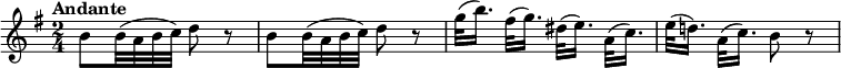 
\relative c'' { \set Score.tempoHideNote = ##t \tempo "Andante" 4=65 \key g \major \time 2/4
  b8 b32( a b c) d8 r b b32( a b c) d8 r
  g32([ b16.]) fis32( g16.) dis32([ e16.]) a,32( c16.) e32([ d!16.]) a32( c16.) b8 r
}
