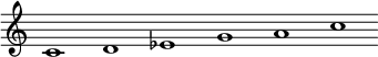 
 \relative c'  {\override Score.BarLine.stencil = ##f \override Score.TimeSignature.stencil = ##f c1 d ees g a c}
