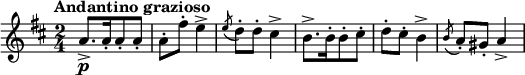 \relative c'' {
\key d \major
\time 2/4
\tempo "Andantino grazioso"
a8.->[\p a16-. a8-. a-.] | a-. fis'-. e4-> | \acciaccatura e8 d8-. d-. cis4-> |
b8.->[ b16-. b8-. cis-.] | d-. cis-. b4-> | \acciaccatura b8 a8-. gis-. a4-> |
}