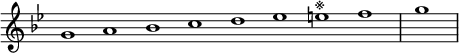 
\relative c'' {  
   \new Staff \with { \remove "Time_signature_engraver" }  
   { \key g \minor  \time 1/1 \cadenzaOn g1 a bes c d ees e^"※" f \bar "|" g \bar"|"}
   }
