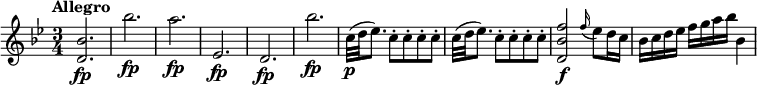 
\relative c'' {
  \key bes \major
  \tempo "Allegro"
  \time 3/4
  <bes d,>2.\fp bes'\fp a\fp es,\fp d\fp bes''\fp c,32\p (d es8.) \repeat unfold 4 {c8-.} c32 (d es8.) \repeat unfold 4 {c8-.} <f bes, d,>2\f \grace f16(es8) d16 c bes c d es f g a bes bes,4
}
