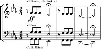 
\new StaffGroup <<
  \new Staff = "ViolinenKlarinetten" \relative c'' {
    \clef "treble"
    \key c \minor
    \time 2/4
    r8^\markup { \teeny "Violinen, Klarinetten" } g[\ff g g] |
    es2\fermata |
    r8 f[ f f] |
    d2~ |
    d\fermata
  }

  \new Staff = "ViolenCelli" \relative c' {
    \clef "bass"
    \key c \minor
    \time 2/4
    r8^\markup { \teeny Violen }_\markup { \teeny "Celli, Bässe" }
    <<
      {
        \voiceOne
        g[ g g] |
        es2\fermata
      }
      \\
      {
         \voiceTwo
        g,8[ g g] |
        es2
      }
    >>
    \oneVoice |
    r8
    <<
      {
        \voiceOne
        f'[ f f] |
        d2~ |
        d\fermata
      }
      \\
      {
        \voiceTwo
        f,8[ f f] |
        d2~ |
        d
      }
    >>
  }

>>
