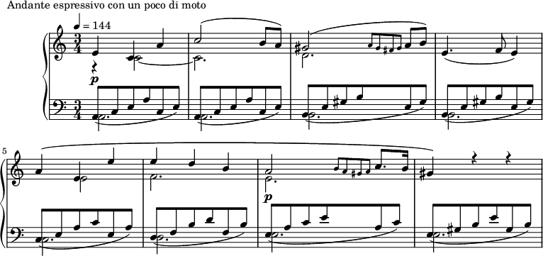 
\version "2.18.2"
\header {
  tagline = ##f
}
upper = \relative c' {
  \clef treble 
  \key a \minor
  \time 3/4
  \tempo 4 = 144
  %\autoBeamOff

   %%Montgeroult — Étude 38 (pdf p. 93)
   << { e4\p c a' c2( b8 a) gis2( \grace { a8 gis fis gis } a8 b) } \\ { r4 c,2~ c2. d } >> e4.( f8 e4)
   << { a4\( e e' e d b a2\p \grace { b8 a gis a } c8. b16 gis4\) r4 r4 } \\ { s4 e2 f2. e } >>

}

lower = \relative c {
  \clef bass
  \key a \minor
  \time 3/4

   << { \repeat unfold 2 { a8_( c e a c, e) } \repeat unfold 2 { b8_( e gis b e, gis) } c,8_( e a c e, a)  d,_( f b d f, b)  e,_( a c e a, c)  e,_( gis b e gis, b) } \\ { a,2. a b b c d e e } >>

}

  \header {
    piece = "Andante espressivo con un poco di moto"
  }

\score {
  \new PianoStaff <<
    \new Staff = "upper" \upper
    \new Staff = "lower" \lower
  >>
  \layout {
    \context {
      \Score
      
    }
  }
  \midi { }
}
