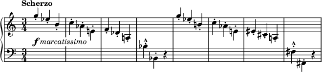 
 \relative c' {
  \new PianoStaff <<
   \new Staff { \key c \major \set Score.tempoHideNote = ##t \tempo "Scherzo" 2.=122 \time 3/4
    \stemUp g''4-. es-. b-. \stemDown c-. aes-. e!-. \stemUp f-. des-. a!-. s2.
    g''4-. es-. b!-. \stemDown c-. aes-. e!-. \stemUp eis-. cis-. a!-. s2.
   }
   \new Dynamics {
    \override TextScript #'whiteout = ##t
    s4-\markup{ \dynamic f \italic marcatissimo }
   }
   \new Staff { \key c \major \time 3/4 \clef bass
    \stemDown s2. s s bes4-. -^ bes,-. r s2. s s fis'4-. -^ fis,-. r
   }
  >>
 }
