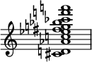  {
\override Score.TimeSignature #'stencil = ##f
\relative c' { 
  \clef treble \time 4/4
  <cis d! aes' c! es fis g! bes ces f! a!>1
} }
