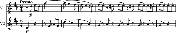 
<<
  \new Staff \with { instrumentName = #"V1 "}
  \relative c'' {
    \version "2.18.2"
    \key d  \major
    \tempo "Presto"
    \time 2/4
    \tempo 4 = 160
     r8 d8\p fis d
     a'2 ~
     a8 (g4 fis8 ~
     fis e4 dis8)
     fis (e) r8 dis
     fis (e) r8 dis
     fis (e) e-. dis-.
      fis (e) e-. e-.
}
\new Staff \with { instrumentName = #"V2 "}
\relative c'' {
    \key d  \major
    \time 2/4
     d,4\p r4
     r8 fis a fis
     d'4 (c b a)
     g8 r8 a r8 
     g8 r8 a r8
     g8 r8 a r8
     g8 r8 r4    
}
>>
