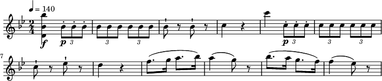 
\relative c'' {
  \version "2.18.2"
  \key bes \major
  \time 2/4
  \tempo 4 = 140
  \tempo "Allegro assai"
  <d, bes' bes'>4 \f \tuplet 3/2 {bes'8-.\p bes-. bes-. }
   \tuplet 3/2 {bes bes bes} \tuplet 3/2 {bes bes bes}
   bes8-! r8 bes8-! r8
   c4 r4
   c' \tuplet 3/2 {c,8-.\p c-. c-. }
   \tuplet 3/2 {c c c} \tuplet 3/2 {c c c}
   c8-! r8 ees-! r8
   d4 r4
   f8. (g16 a8. bes16)
   a4 (g8) r8
   bes8. (a16 g8. f16)
   f4 (ees8) r8
}
