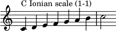  {
\override Score.TimeSignature #'stencil = ##f
\relative c' {
  \clef treble \time 7/4
  c4^\markup { C Ionian scale (1-1) } d e f g a b c2
} }
