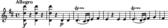 
\relative c' {
  \tempo "Allegro"
  \key d \major
  <d d' d'>4\f r q r |
  q4 r d\p d |
  d4.\startTrillSpan( cis16\stopTrillSpan d) e4 fis |
  e4 r e e |
  e4.\startTrillSpan( d16\stopTrillSpan e) fis4 g |
  fis4
}
