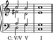  {
#(set-global-staff-size 16)
\override Score.TimeSignature #'stencil = ##f
      \new PianoStaff <<
        \new Staff <<
            \new Voice \relative c'' {
                \stemUp \clef treble \key c \major \time 4/4
                c2 b c1
                }
            \new Voice \relative c' {
                \stemDown
                fis2 d e1
                }
            >>
        \new Staff <<
            \new Voice \relative c' {
                \stemUp \clef bass \key c \major \time 4/4
                a2 g g1
                }
            \new Voice \relative c {
                \stemDown
                d2_\markup { \translate #'(-3.5 . 0) { "C: V/V" \hspace #0.6 "V" \hspace #5 "I" } }
               g c,1 \bar "||"
                }
            >>
    >> }
