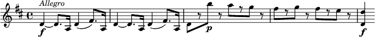 
\relative c' {
  \version "2.18.2"
  \key d \major
  d4~\f^\markup { \italic Allegro } d8. a16 d4( fis8.) a,16 |
  d4~ d8. a16 d4( fis8.) a,16 |
  d8[ r b''\p] r a[ r g] r |
  fis8[ r g] r fis[ r e] r | <d, d'>4\f
}
