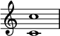   {
\override Score.TimeSignature #'stencil = ##f
\relative c' {
  \clef treble \key c \major \time 4/4
  <c c'>1
} }
