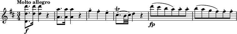 
\relative c''' {
  \override Score.NonMusicalPaperColumn #'line-break-permission = ##f
  \tempo "Molto allegro"
  \key d \major
  \time 3/4
  \tempo 4 = 130
  <d d, d,>8.\f <d d,>16 q4 r |
  <a a,>8. q16 q4 r |
  g4-. fis-. e-. |
  cis8.\trill( b32 cis) d4 r |
  d'8\fp( cis b a) a-. a-. |
  b8( a g fis) fis-. fis-. |
}
