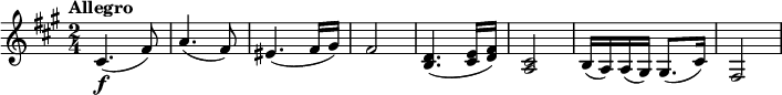 \relative c' {
\key fis \minor
\time 2/4
\tempo "Allegro"
cis4.(\f fis8) | a4.( fis8) | eis4.( fis16 gis) | fis2 | <b, d>4.( <cis e>16 <d fis>) | <a cis>2 | b16( a) a( gis) gis8.( cis16) | fis,2 |
}