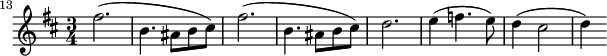 
\relative c'' {
  \key b \minor
  \time 3/4
  \clef treble
  \set Staff.midiInstrument = "oboe"
  \set Score.currentBarNumber = #13
  \bar ""
  fis2.( | b,4. ais8 b cis) | fis2.( | b,4. ais8 b cis) | d2. | e4( f4. e8) | d4( cis2 | d4)
}
