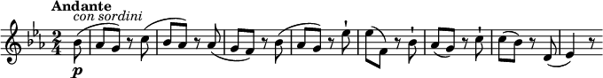 
\relative c''' {
  \version "2.18.2"
  \tempo "Andante"
  \key ees \major
  \time 2/4
  \partial 4 \partial 8 bes,8\p^\markup { \italic {con sordini} } (aes g) r8
  c8 (bes aes) r8
  aes (g f) r8 bes (aes g) r8
  ees'-! ees (f,) r8 bes-!
  aes (g) r8 c-!
  c (bes) r8
  d, (ees4) r8
}
