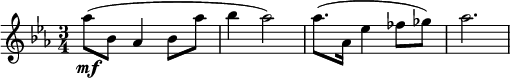  \relative g'' { \key c \minor \time 3/4 as8\mf( bes, as4 bes8 as' | bes4 as2) | as8.( as,16 es'4 fes8 ges) | as2. }