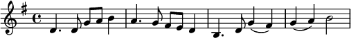 
\relative c'{
\key g \major
d4. d8 g a b4  a4. g8 fis e d4 b4. d8 g4 (fis4) g4 (a4) b2}
