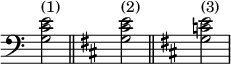 
\relative c' {  
   \new Staff \with { \clef bass \remove "Time_signature_engraver" }  
   { \key c \major  \time 1/2 <e c g>2^"(1)" \bar"||" \key d \major <e cis g>^"(2)" \bar"||" \key d \major <e c g>^"(3)" }
   }
